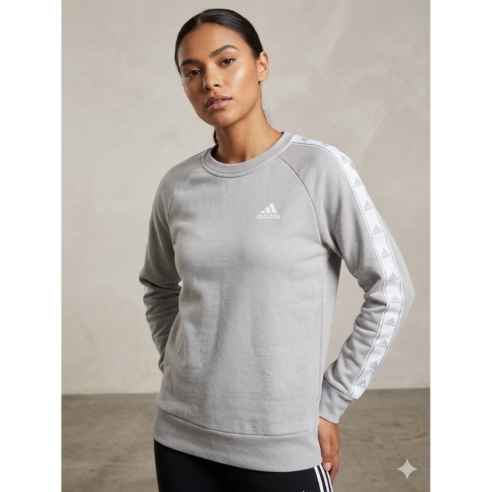 Sporty Classic Adidas Womens Crewneck Sweatshirt Gray Logo Tape Sleeve Size S